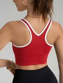 ATTRACO Women's White V Neck Ruched Sleeveless Sports Tank Top, Removable Padded Racerback Workout Sports Bra Summer - Red and White - View 4