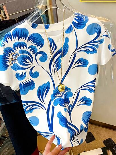 T-shirt à col rond à manches courtes avec imprimé floral bleu et blanc rétro pour femmes, style décontracté pour les déplacements en été