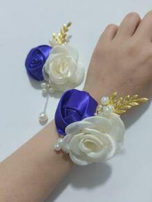 1pc Boutonniere + 1pc Wrist Corsage, Champagne & Blue Dual Flower Decor, Elegant For Wedding, Banquet, Party, Bride, Bridesmaid, Daily Wear, Valentine's Day,Summer,Beach - 713 Purple + Rice - View 3