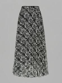 女士优雅弹力腰黑色佩斯利印花褶裥A字裙，适合日常通勤和春季穿着 - 花黑 - 查看 2