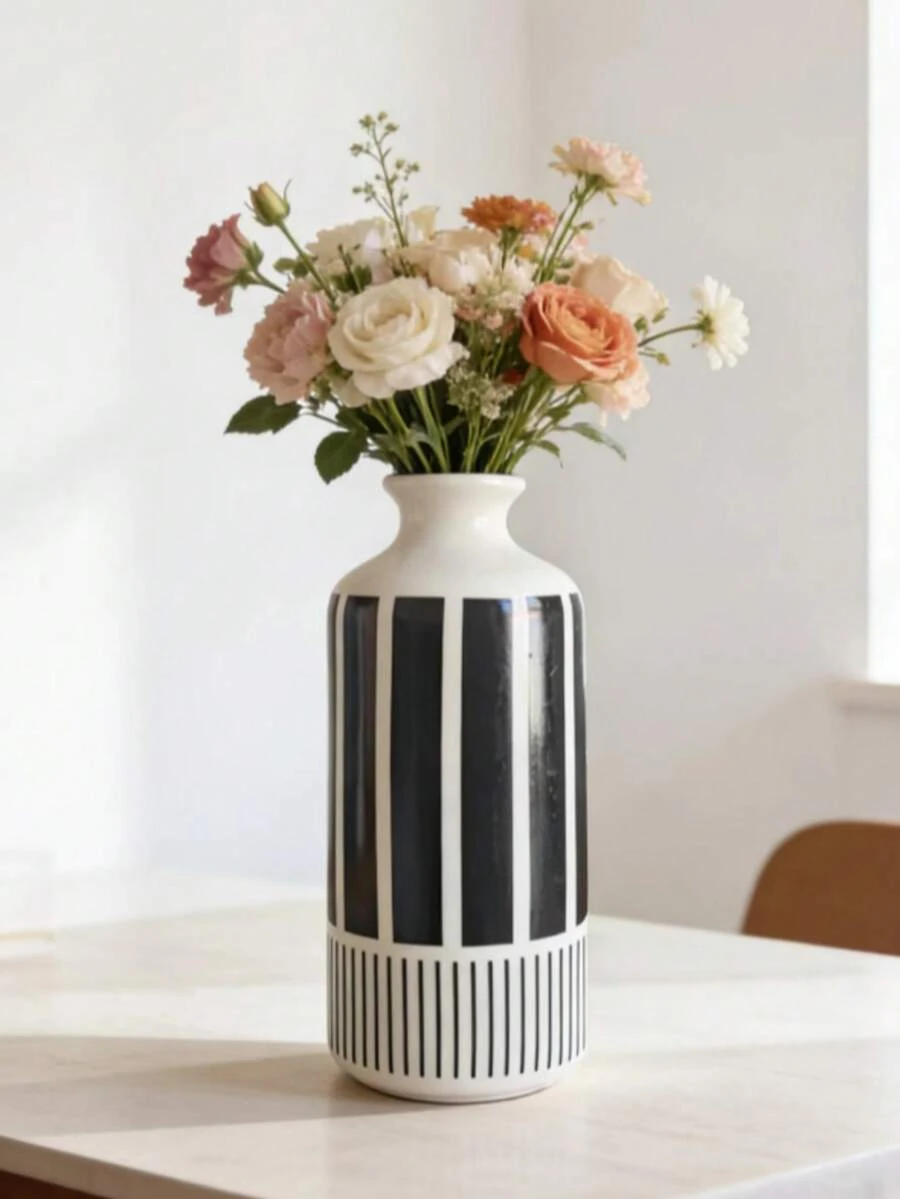 Ceramic Vase With Black Stripes, Simple Vase For Party Decoration - Western-style Bottle - View 1