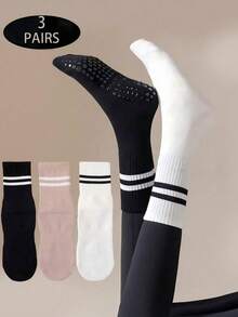 Conjunto de 6 pares de meias antiderrapantes para pilates femininas, meias aderentes para pilates, meias de ioga e balé com ótima aderência, nas cores preto, branco e rosa, adequadas para todas as estações, presente perfeito para familiares e amigos (Natal, Ano Novo) (6/3/1 pares) - Multicolorido - Ver 2