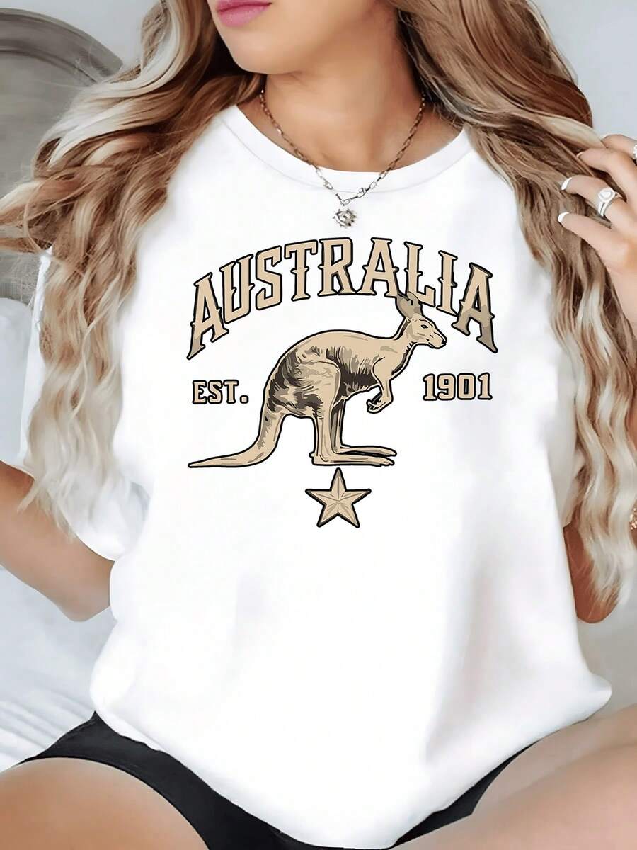 Canguro dorado junto a la palabra Australia y una estrella simboliza energía libertad y conexión con la naturaleza expresando dinamismo moderno camiseta de mujer 220g casual cómoda - Blanco - Ver 1
