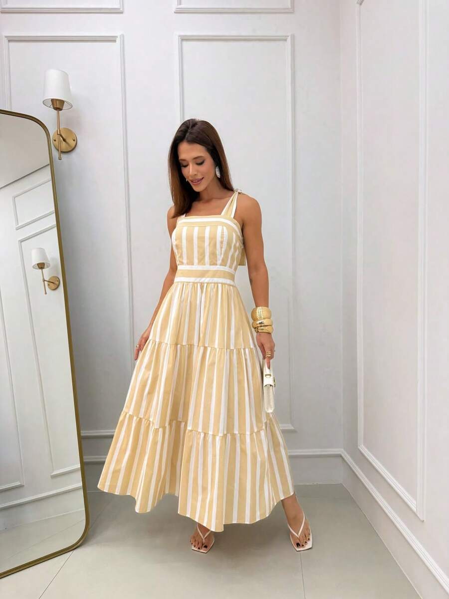 15 Striped All-Over Print Ruched Fabric Ruffle Hem Wedding Dresses - Nude - View 1