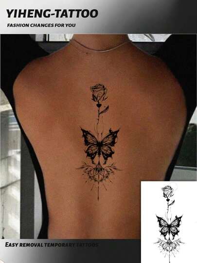 1pc Butterfly & Rose Temporary Tattoo, Multipurpose Unisex One-Time Use Tattoo Sticker, & Easy To Apply/Remove, Body Art Decor Sticker For Daily, Travel, Beach, DIY Gift