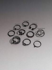 Bộ 10 chiếc nhẫn đeo ngón tay hình trái tim rỗng màu đen, kiểu dáng tối giản với họa tiết lá và dây leo, đính đá pha lê nhiều màu sắc dành cho nữ (màu đá pha lê ngẫu nhiên). - màu đen - Xem 6