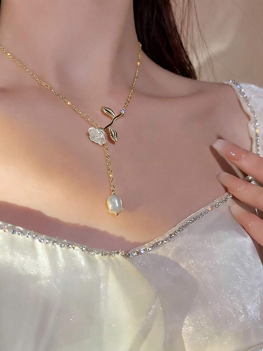 1件金色优雅新娘项链,法式浪漫婚礼新娘风格,精致雕花项链,饰以白玫瑰和铃兰,长流苏项链,修饰身形,适合结婚纪念日、订婚派对、婚纱照拍摄、教堂仪式、夏季等场合佩戴,珠宝首饰 - 彩色 - 查看 1