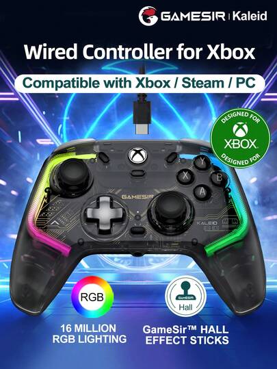  Controlador de iluminación RGB Kaleid Kaleid Flux de GameSir compatible con mandos de Series X/S, PC compatible con One, con licencia oficial de la consola de juegos para PC Win10 11 Steam con joysticks de efecto Hall y gatillos, 4 motores de vibración, frecuencia de sondeo de 1000 Hz, negro transparente y negro transparente amarillo