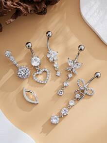 6件套不锈钢肚脐环饰品套装，性感蝴蝶结心形花朵镶嵌锆石，女士日常佩戴 - 銀色 - 查看 4