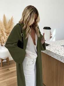 FOR BEAUTY V-Neck Oversized Cardigan, Women Fashion Versatile Long Knitted Sweater Coat, Spring/Autumn - Dark Green - View 3
