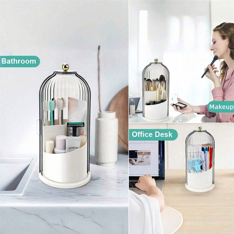 360-Degree Rotating Makeup Organizer - Transparent Cosmetic Storage Box With Lid For Lipstick & Brushes, Dustproof Vanity Decor - Multicolor - View 1