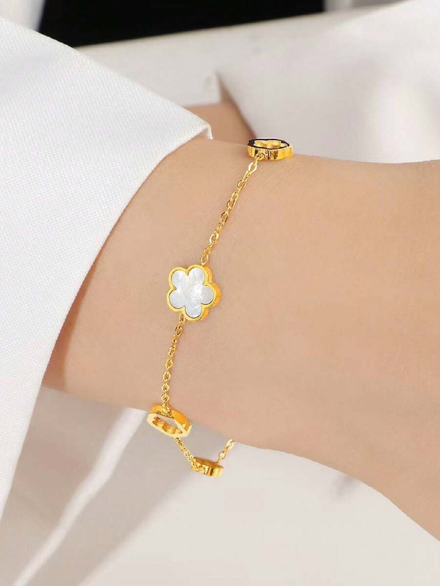 1件不锈钢镂空花朵设计手链，精致夏季配饰 - 金色 - 查看 1