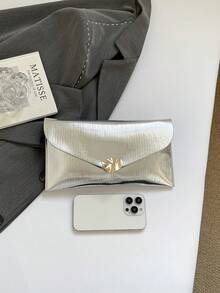 Bolso de mano de lujo tipo sobre de primavera 2026, minimalista y versátil con hebilla de metal, elegante bolso de fiesta de moda, bolso de mujer de gran capacidad y unicolor - Plateado - Ver 10