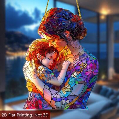 2D平面印刷母亲抱孩子的吊坠，母亲节装饰，花园阳光捕捉器，亚克力挂饰（5.91 x 7.87 英寸），送给妈妈的最佳礼物，生日吊坠，户外庭院装饰