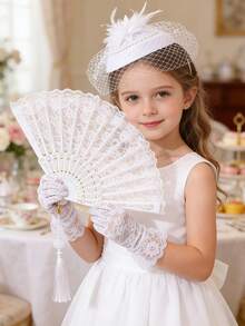 1 Set Girls' Party Dress Outfit Including Pearl Hair Accessory, Lace Gloves And Fan, Suitable For Tea Party And Photography - Top Hat + Gloves + Fan - View 1