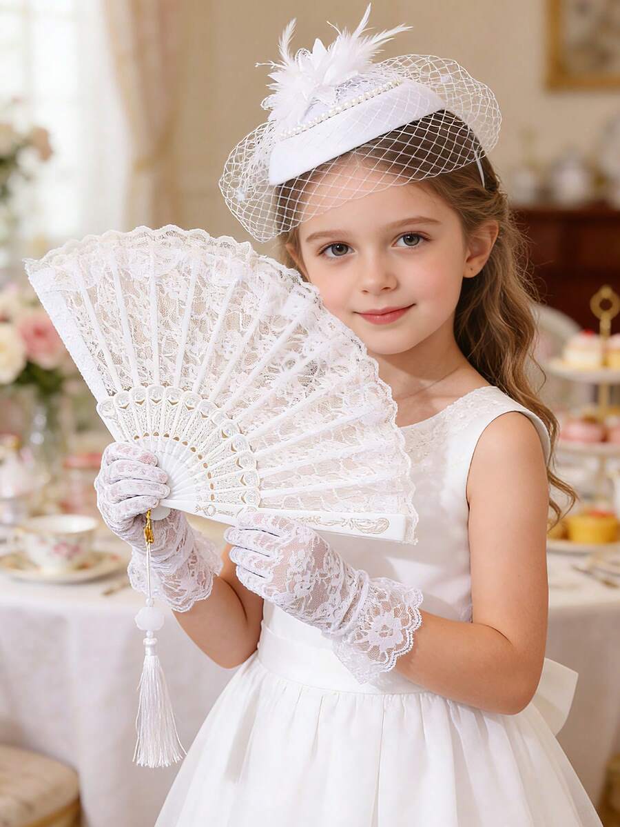 1 Set Girls' Party Dress Outfit Including Pearl Hair Accessory, Lace Gloves And Fan, Suitable For Tea Party And Photography - Top Hat + Gloves + Fan - View 1