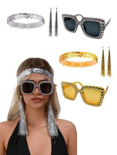 Bộ trang phục dự tiệc disco thập niên 70/80 lấp lánh 3 món: Băng đô đính sequin + Kính thời trang đính đá + Khuyên tai kẹp tua rua, thích hợp cho cosplay, tiệc Halloween, tụ họp hàng ngày, tiệc disco thập niên 70/80.