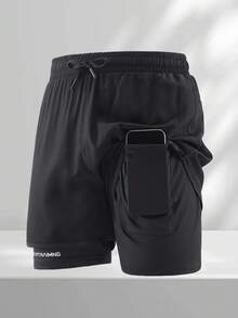 Men's 2-In-1 Shorts, 1pc, Drawstring Design With Printed Pattern, Comfortable Fabric, With Pockets, Suitable For Sports And Outdoor - Black - View 5