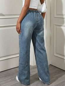 女士高腰阔腿牛仔裤，优雅弹力腰抽绳宽松休闲牛仔裤，2026年春季都市街头风 - 中等水洗藍 - 查看 2
