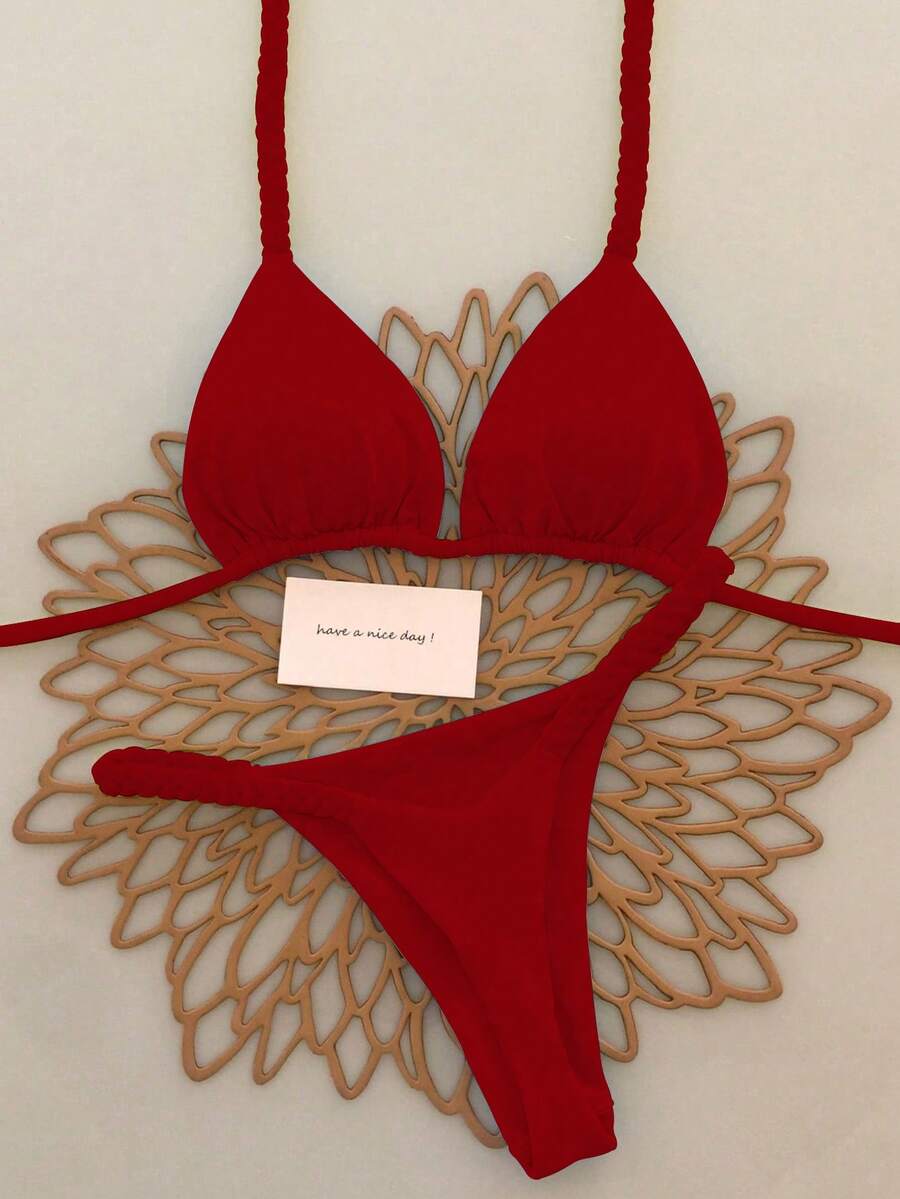 2026春夏新款女士清新柠檬红编织比基尼泳衣，性感沙滩度假两件式泳装 - 紅色 - 查看 1