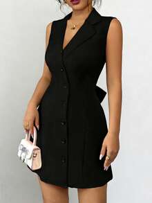 Women's Elegant, Slim-Fitting, Sleeveless Polo Collar A-Line Dress With A Cutout Back And Bow Detail. Wedding Black - Black - View 4