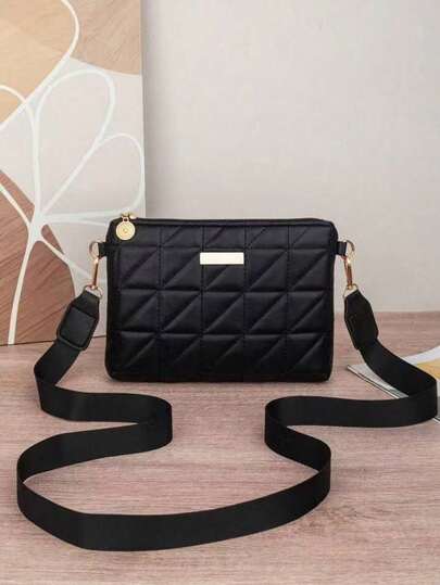 Túi đeo chéo nữ màu đen chần bông, túi đeo vai bản rộng họa tiết hình thoi thời trang, ví cầm tay mini, phù hợp cho các dịp thường nhật và tiệc tùng.