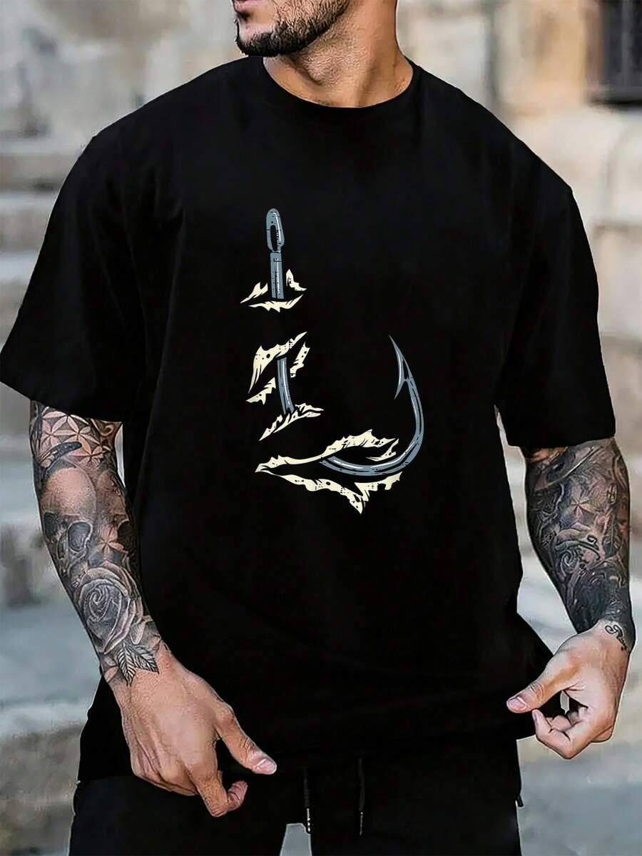 Camiseta Vintage-Outdoor Oversize: Gancho de pesca gris emergiendo de rasgaduras (borde desgastado beige), Estética Retro de Pesca – Estilo Casual Cool - Negro - Ver 1