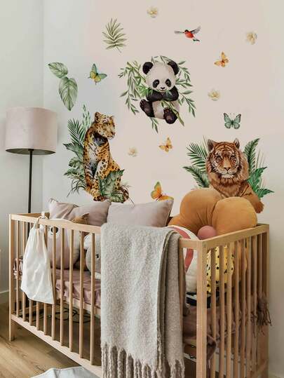 1/2片装大号卡通墙贴，图案包括：绿草地上的恐龙、在灌木丛中玩耍的熊猫、老虎和豹子、正在睡觉的动物、月亮和星星，动物叠叠乐礼品套装，PVC材质，自粘可移除，适用于卧室、客厅、书房、婴儿房、儿童房、家居墙面装饰。
