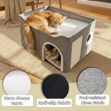 Indoor Cat Bed - Large Cat Hole, Pet Cat House, With Fluffy Ball Suspension And Scratch Pad, Foldable Cat Bed, 23.8x15.9x13.2 Inches, Gray - Multicolor - View 4