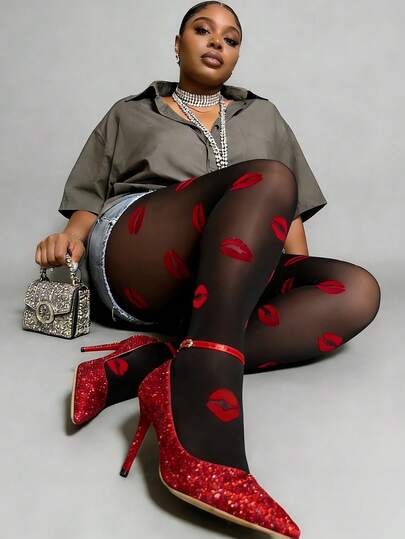 Playful Black Lips Jacquard Tights - Fun Kiss Design & High-Waist, Statement Leggings For Parties, Concerts & Casual Fun