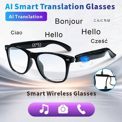 Gafas de audio inteligentes con traducción y IA, Bluetooth inalámbrico 5.4, carga tipo C, reproducción de música multifuncional, respuesta de llamadas, control táctil, diseño de oído abierto, HIFI de alto volumen, larga duración de la batería, adecuado para hombres y mujeres