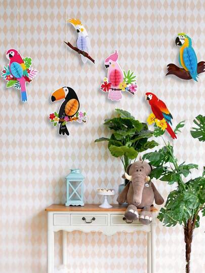 6件套热带鹦鹉蜂窝球装饰品，夏季派对装饰，提基酒吧派对装饰，雨林主题装饰，适用于花园、庭院、室内空间、夏季主题派对