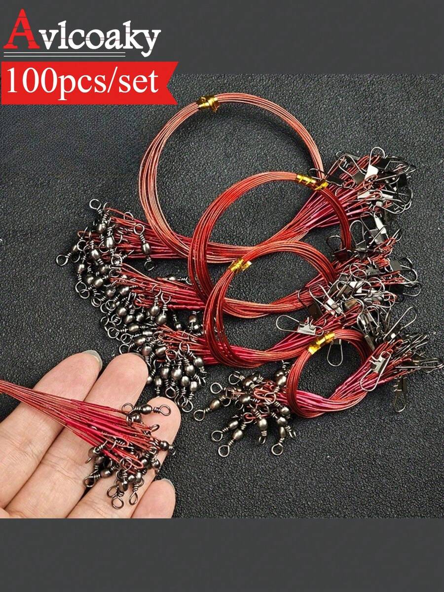 AVlcoaky 100pcs Anti Bite Steel Fishing Line Steel Fishing Leader Line Wire With Swivels And Snaps Fishing Accessories - Multicolor - View 1