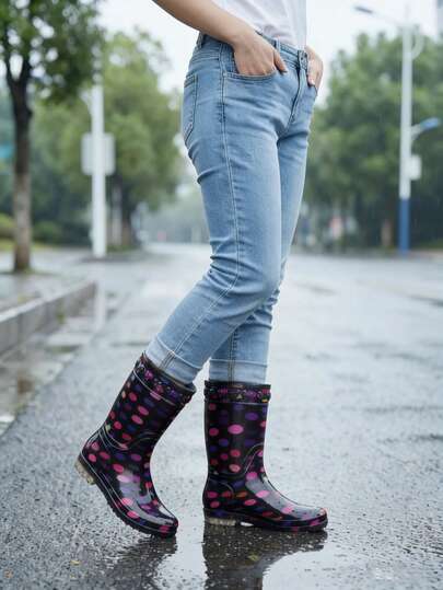 Botas de chuva femininas de cano médio antiderrapantes, estilo moderno com estampa de bolinhas coloridas, ideais para pesca e motociclismo, cabedal em PVC de alta qualidade, sola reforçada, confortáveis e duráveis para atividades ao ar livre.