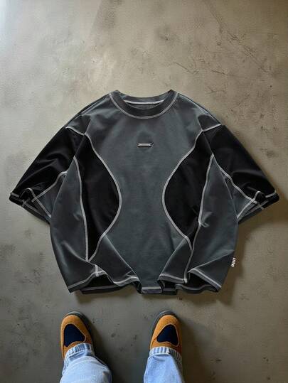 男士宽松圆领拼色短袖T恤