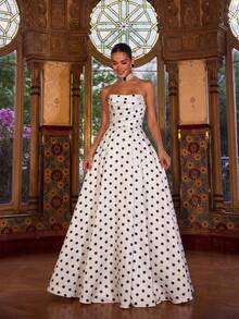 Faeriesty 优雅无肩带波点长裙，女士款——褶皱高腰设计，前高开衩，飘逸A字裙摆，适合婚礼宾客、花园派对、春季正式场合、复古活动及度假等场合，白色 - 白色 - 查看 1