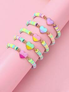 5pcs/Set Kids' Fashion Dopamine Rainbow Handmade Woven Soft Clay & Zinc Alloy Heart Flower Pattern Bracelet Set, Suitable For Daily Wear, Festivals, Gift - Multicolor - View 6