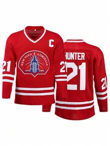 男士21号红色冰球图案长袖V领T恤，休闲派对运动T恤 - 紅色 - 查看 1