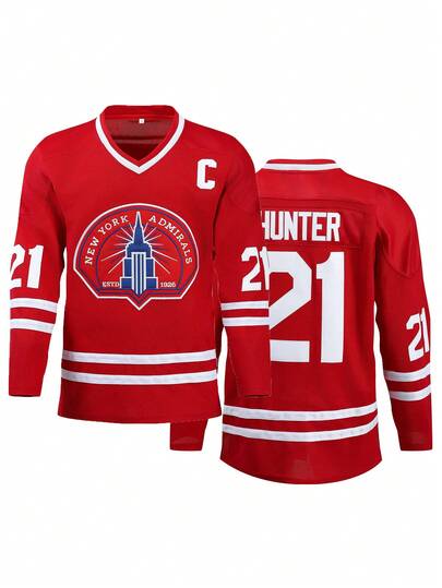 Maglietta a maniche lunghe con scollo a V, grafica di hockey su ghiaccio rossa, casual, da festa e sport per uomo