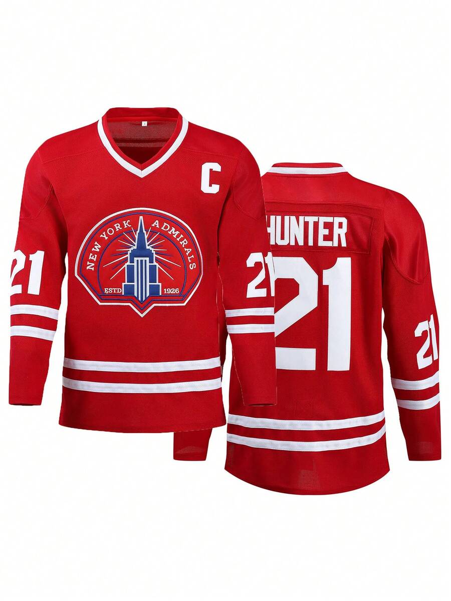 男士21号红色冰球图案长袖V领T恤，休闲派对运动T恤 - 紅色 - 查看 1