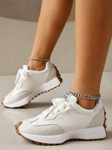 Women's White Casual Sneakers, Low-Top, Lightweight, Non-Slip, Wear-Resistant, Low Heel, Round Toe, Breathable, Lace-Up, Suitable For Outdoor Sports, Spring/Autumn - 白色 - 查看 5