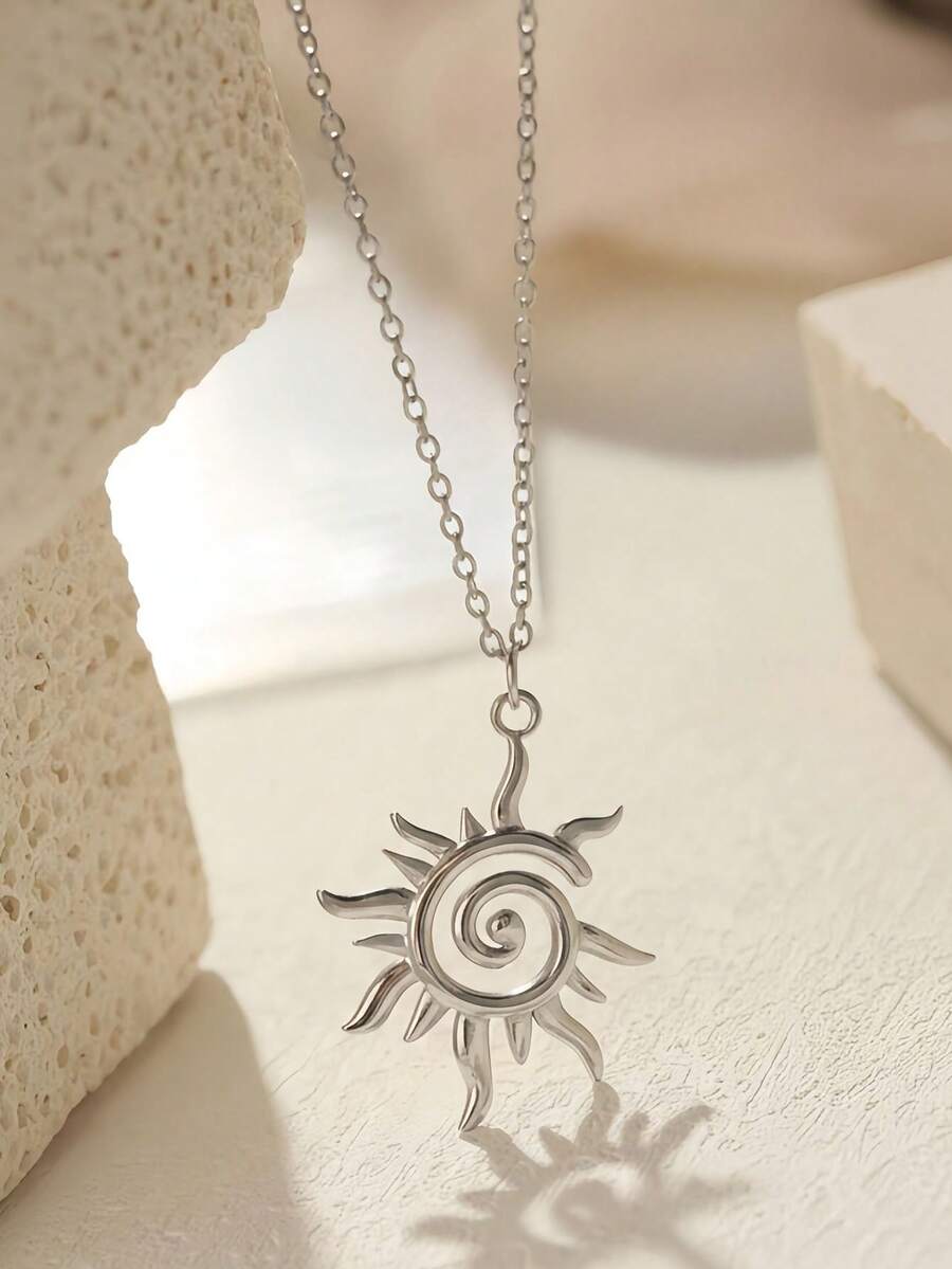 1件简约不锈钢太阳吊坠项链，创意不对称螺旋设计吊坠，波西米亚风格饰品，时尚颈链，适合夏季佩戴及日常休闲穿着，最佳礼品之选 - 銀色 - 查看 1