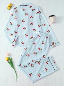 两件套条纹樱桃印花睡衣套装，甜美可爱的翻领纽扣长袖上衣和裤子，适合秋冬季居家穿着。 - 藍色 - 查看 2