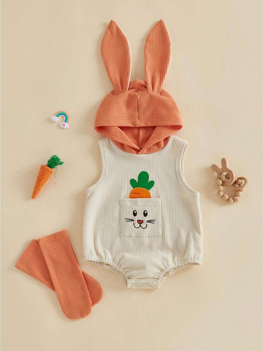 Disfraz de Bebé Conejito de Pascua Mono sin Mangas con Capucha, Bordado de Zanahoria en el Bolsillo, Calcetas Largas, Ropa para Fiestas - Naranja - Ver 1