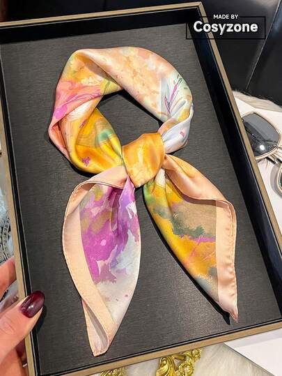 1pc Elegant Floral Print 70cm Silk-Like Small Square Scarf, Women Fashion Versatile Headband, Waistband, Bag Decoration Scarf, Suitable For Daily Wear
