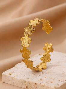 优雅花卉不锈钢手镯，18K镀金可调节开口手镯，女士金色婚礼首饰，节日派对配饰，送给她/妈妈/闺蜜的礼物 - 不銹鋼 - 查看 5