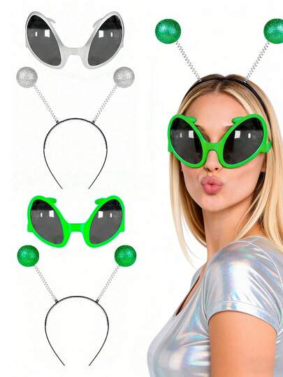 2pcs Unisex Alien Headband And Glasses, Alien Rainbow Fashion Glasses, Antenna Headband, Makeup Party Cosplay Accessories, Suitable For Role Play - Halloween Matching And Holiday Party Supplies