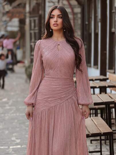 Faeriesty Elegant Round Neck Formal Evening Dress With Front Slit Design, Suitable For Wedding Reception, Gala, Anniversary Celebration And Formal Party
