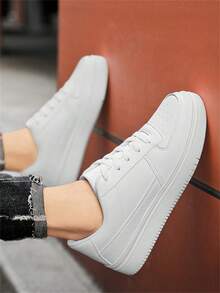 Zapatillas deportivas con suela gruesa y cordones, estilo urbano unisex - Blanco - Ver 3