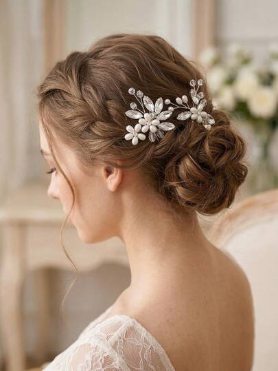 2件套优雅水晶仿珍珠花朵手工发饰，新娘婚礼派对头饰